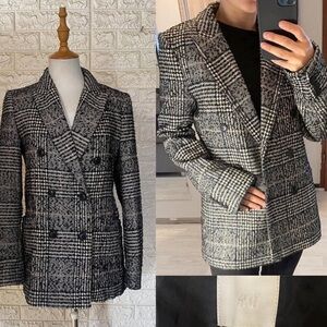 Women's H&M Black White Beige Plaid Tweed Double-Breasted Blazer US 10